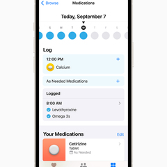 「健康」app 中的「用藥」功能讓使用者能建立並管理藥物清單、創造用藥排程和提醒，並追蹤他們所服用的藥物、維他命和保健食品等。